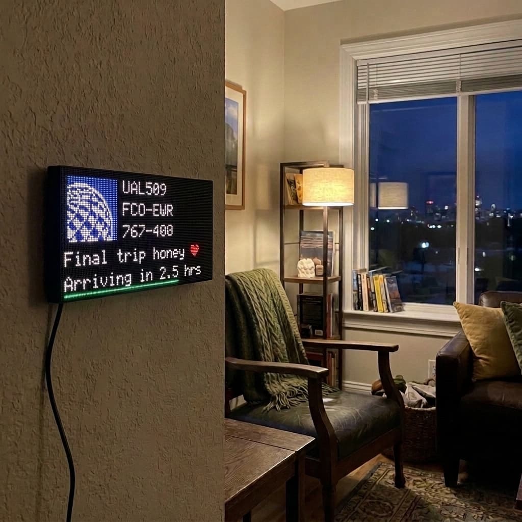 FlightWall Mini in a living room at night, showing an upcoming trip