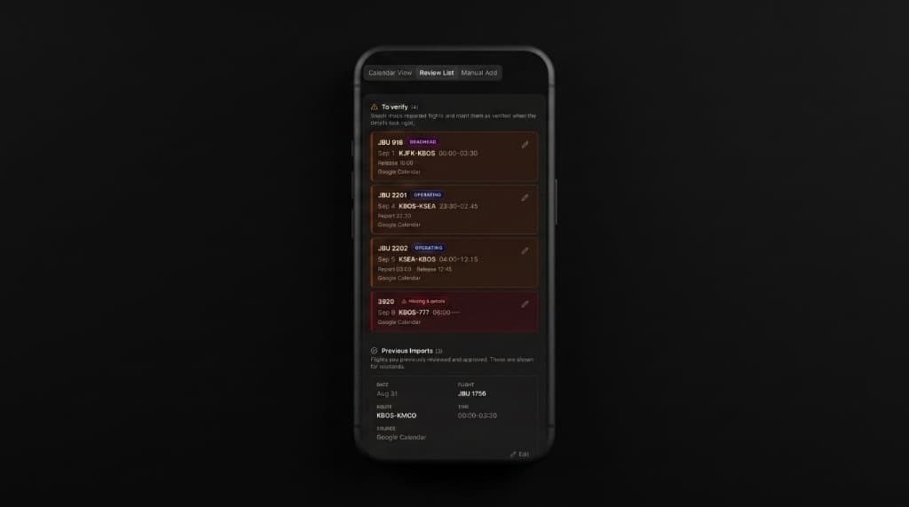 Imported flight legs listed on a phone for review before they sync